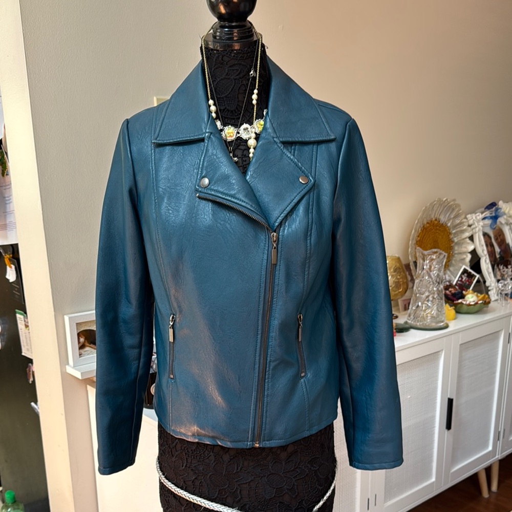 Alfani Blue Leather/faux Jacket Moto Style